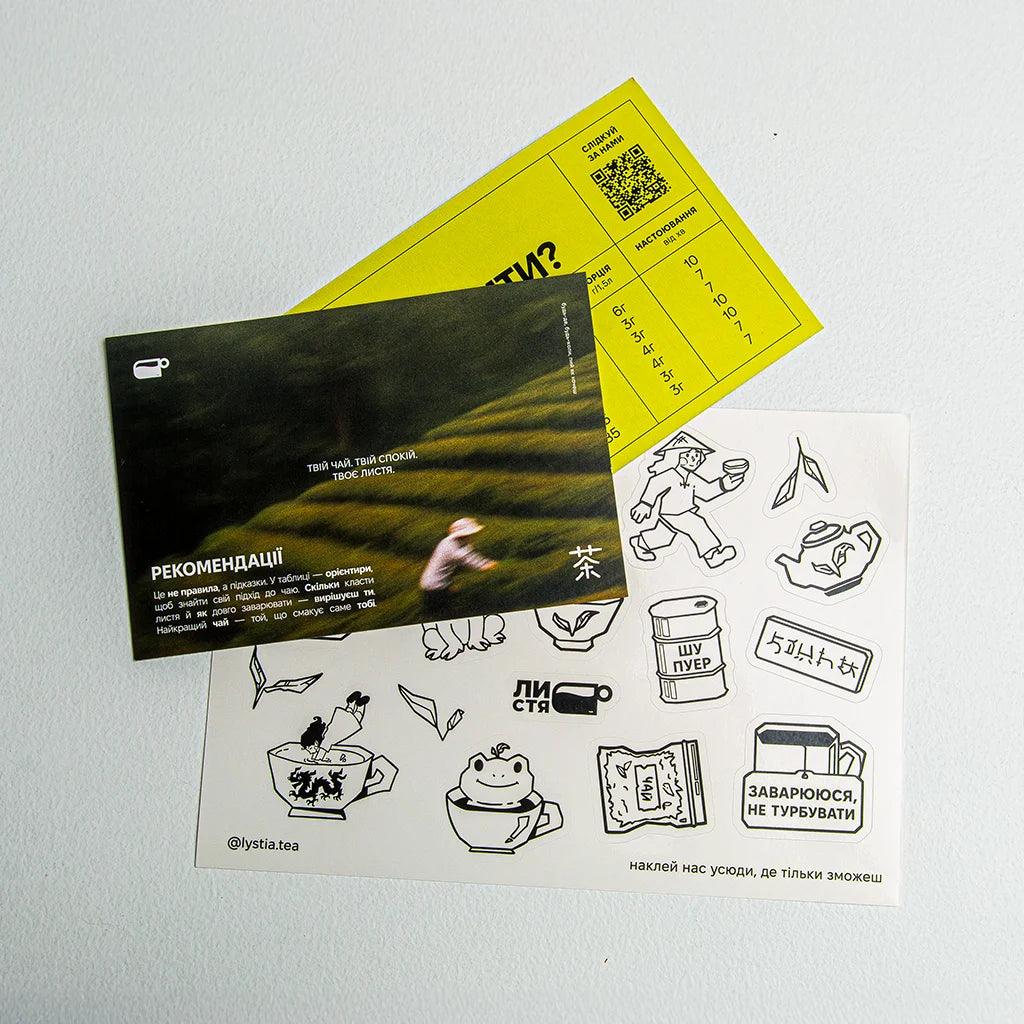 Наліпки з видами чаю у подарунковому наборі: улун, темний улун, червоний та білий чай — купити ароматний чай.